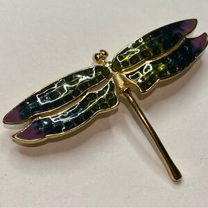 Liz Claiborne Enamel Dragonfly Brooch Gold Tone Pin Enamel Green Blue Purple
